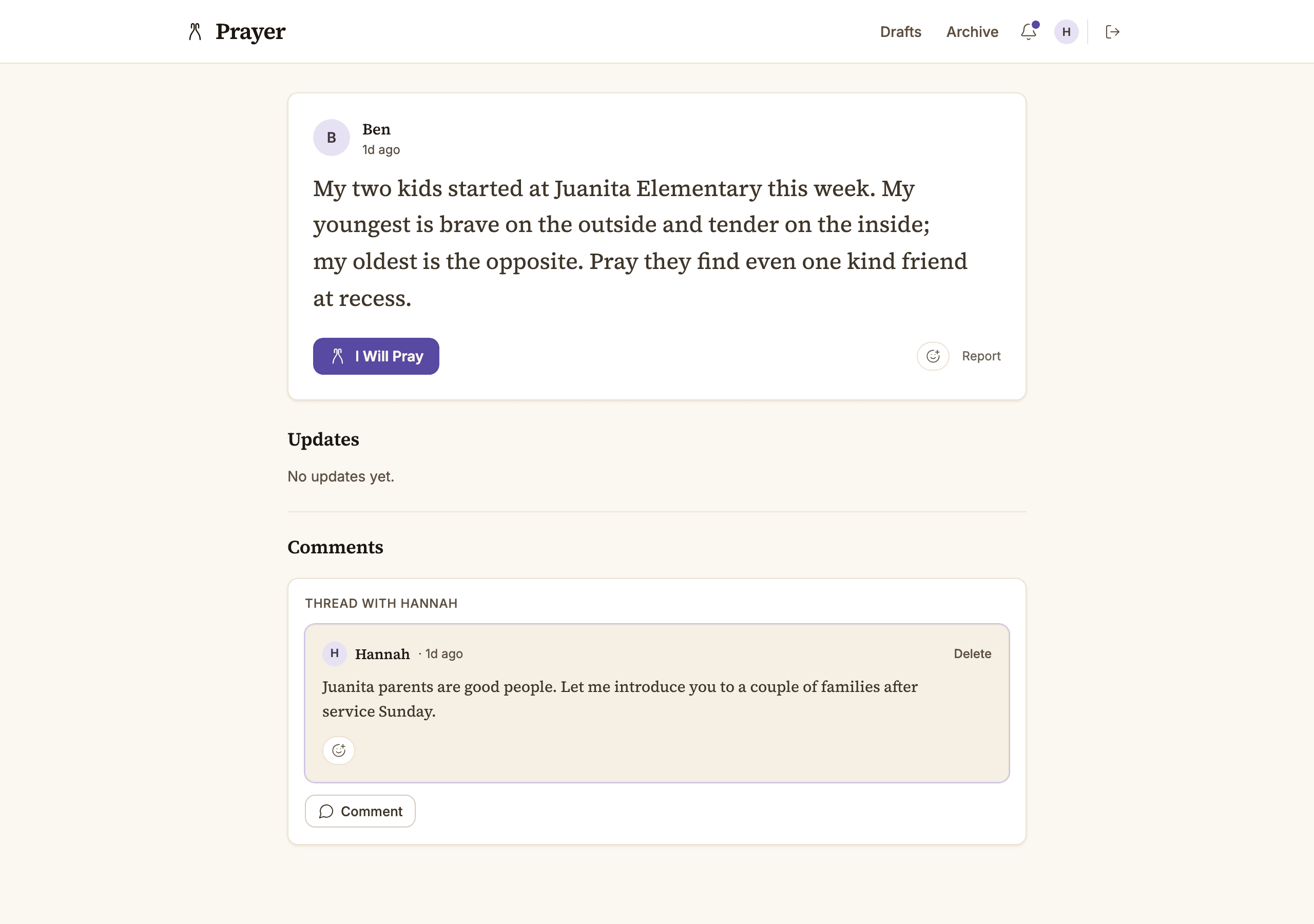 A prayer request from Ben about his kids starting at Juanita Elementary, with a private thread reply from Hannah offering to introduce him to other parents.